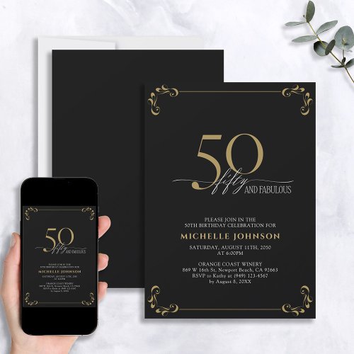 50  Fabulous Black  Gold Calligraphy Birthday Invitation