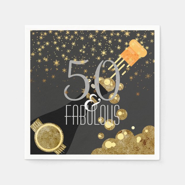 50 & Fabulous Black Gold Champagne 50th Birthday Paper Napkins (Front)