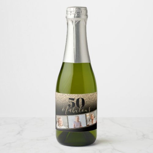 50  Fabulous Black  Gold Faux Glitter Photo Mini Sparkling Wine Label