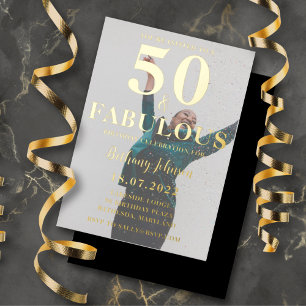 50 & Fabulous Black & Gold Foil Photo  Invitation