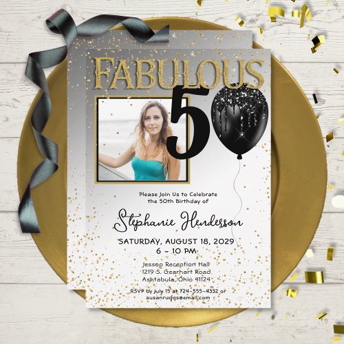 50  Fabulous Black Gold Glam Birthday Invitation