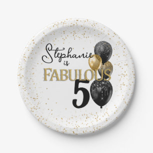 50 & Fabulous Black Gold Glam Birthday Paper Plate