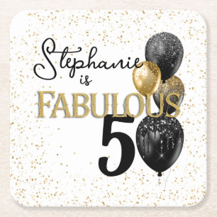 50 & Fabulous Black Gold Glam Paper Coaster