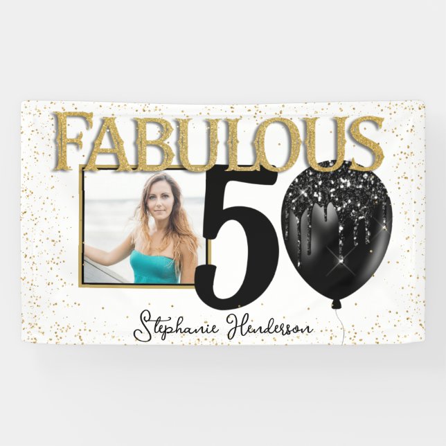 50 & Fabulous Black Gold Glam Photo Banner (Horizontal)