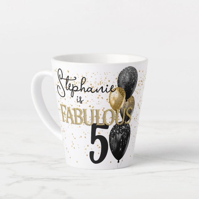 50 & Fabulous Black Gold Glam Small Latte Mug (Left Angle)