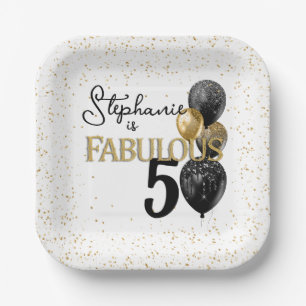 50 & Fabulous Black Gold Glam Square Paper Plate