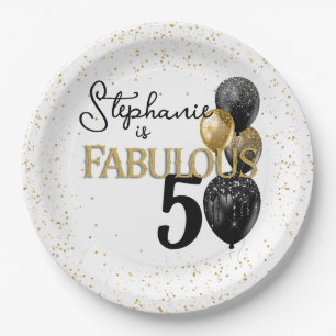 50 & Fabulous Black Gold Glam Square Paper Plate