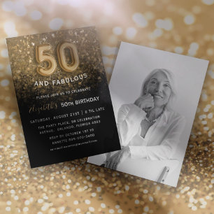 50 & Fabulous Black & Gold Glitter Birthday Invitation