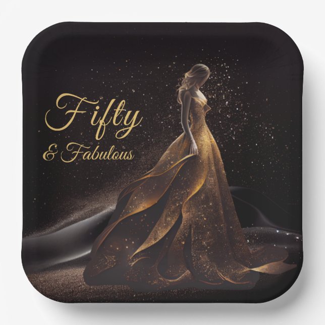 50 Fabulous Black Gold Glitter Sparkle  Paper Plates (Front)