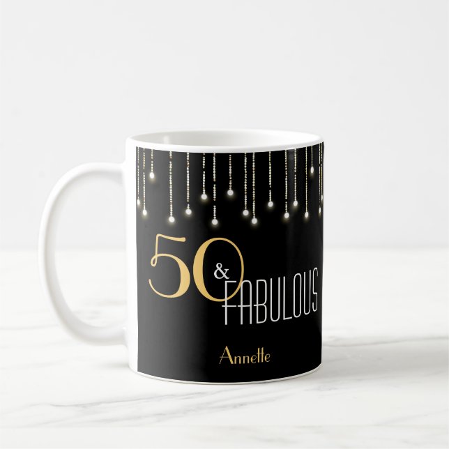 50 & Fabulous Black Gold Lights Glamorous Elegant Coffee Mug (Left)