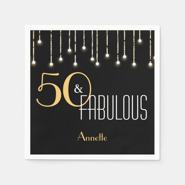 50 & Fabulous Black Gold Lights Glamorous Elegant Napkins (Front)