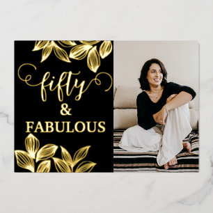 50 & Fabulous Black & Gold Photo Birthday Foil Invitation