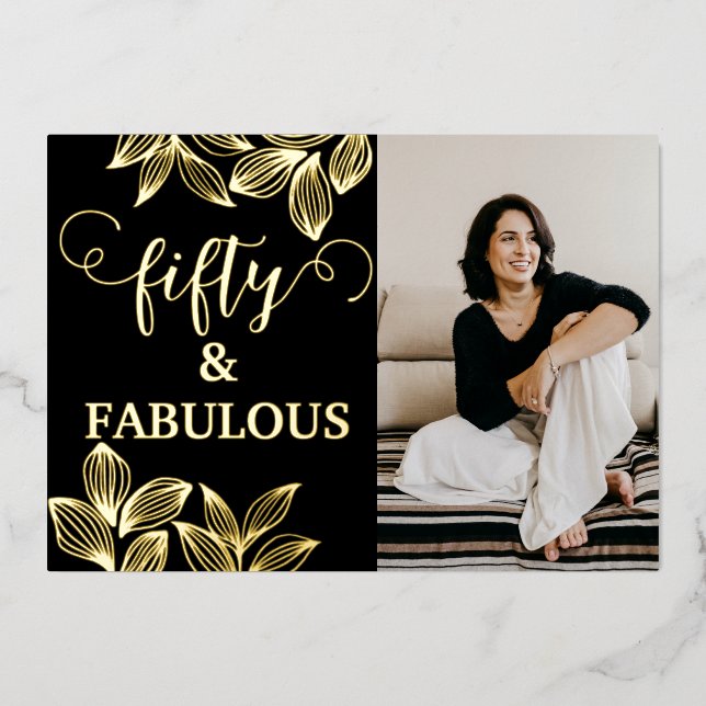 50 & Fabulous Black & Gold Photo Birthday Foil Invitation (Front)