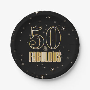 50 & Fabulous Black Gold Typography 50th Birthday Paper Plates
