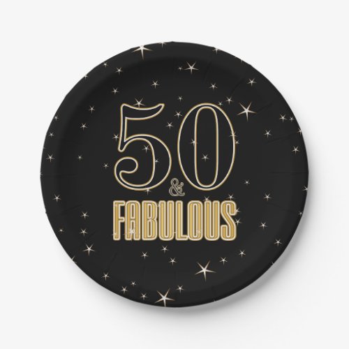 50  Fabulous Black Gold Typography 50th Birthday Paper Plates