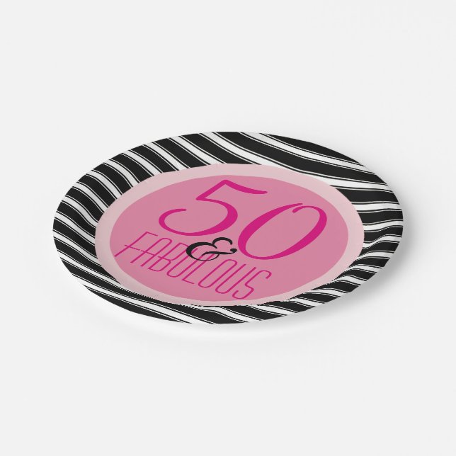 50 Fabulous Black Hot Pink | Woman's 50th Birthday Paper Plates (Angled)