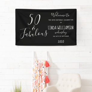50 & Fabulous Black Modern Birthday Banner