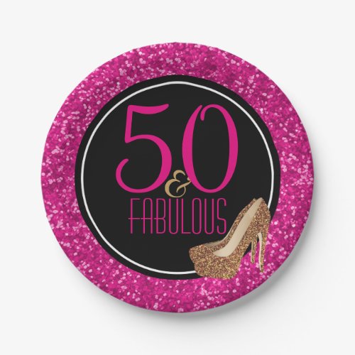 50  Fabulous  Black Pink 50th Birthday Party Paper Plates