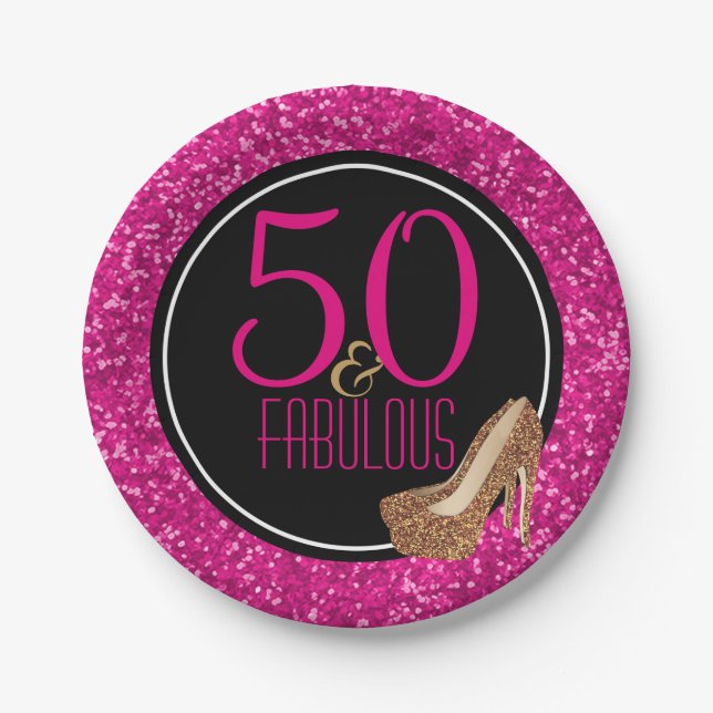 50 & Fabulous | Black Pink 50th Birthday Party Paper Plates (Front)