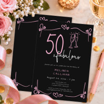 50 & Fabulous Black Pink Hand Drawn Heart Birthday