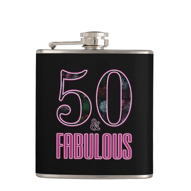 50 & Fabulous Black Pink Typography 50th Birthday Flask (Front)
