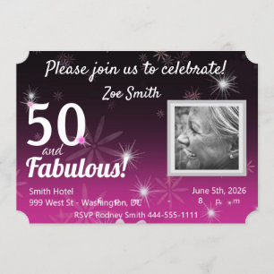 50 & Fabulous black, pink, white w/ stars & daisy Invitation