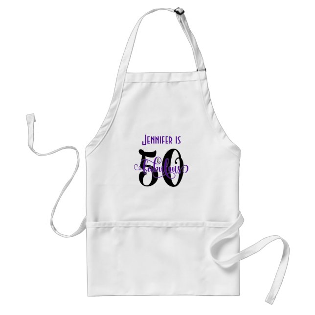 50 & Fabulous Black & Purple 2 Typography Birthday Adult Apron (Front)