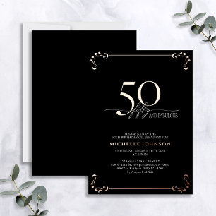 50 & Fabulous Black Rose Gold Calligraphy Birthday Foil Invitation