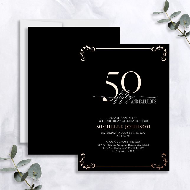 50 & Fabulous Black Rose Gold Calligraphy Birthday Foil Invitation (Creator Uploaded)