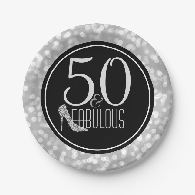 50 & Fabulous | Black Silver 50th Birthday Party Paper Plates (Front)