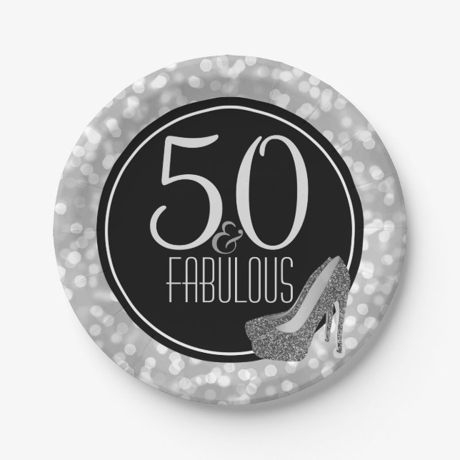 50 & Fabulous | Black Silver 50th Birthday Party Paper Plates (Front)