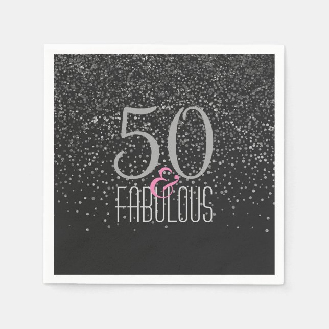 50 & Fabulous Black Silver | Elegant 50th Birthday Napkins (Front)