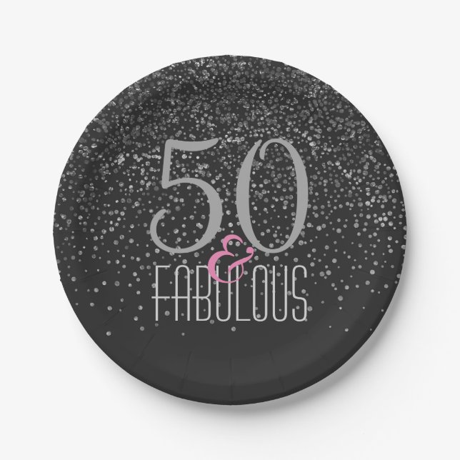 50 & Fabulous Black Silver | Elegant 50th Birthday Paper Plates (Front)