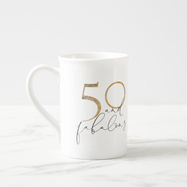 50 & Fabulous Black White & Gold 50th Birthday Bone China Mug (Left)
