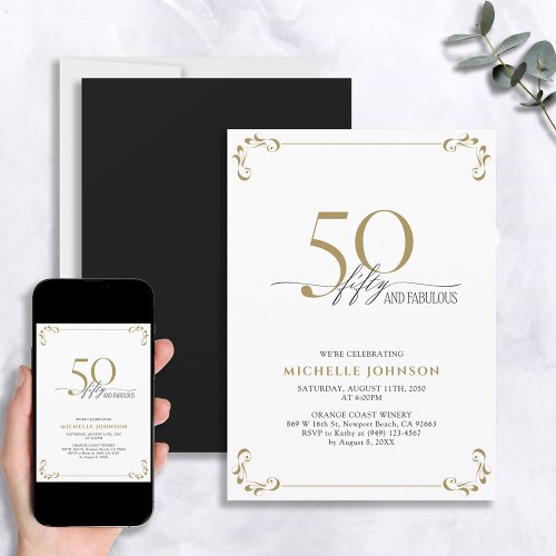 50  Fabulous Black White  Gold Birthday Invitation