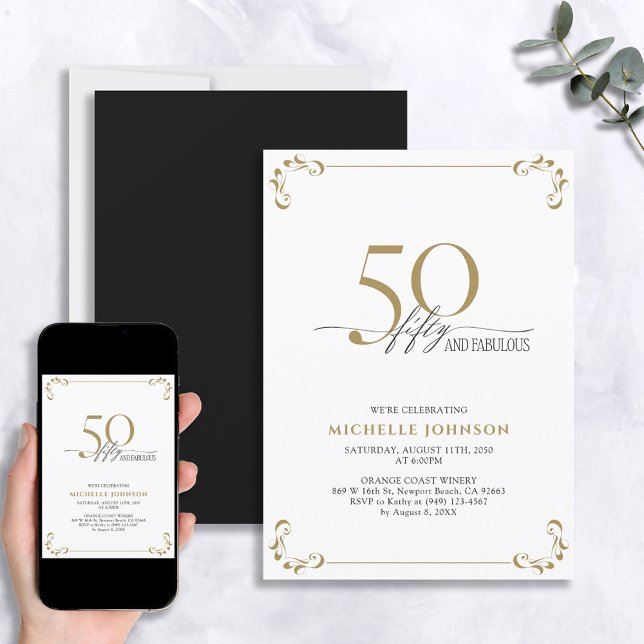 50 & Fabulous Black White & Gold Birthday Invitation (Creator Uploaded)