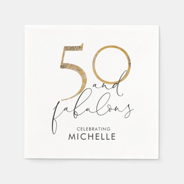 50 & Fabulous Black White Gold Personalized Napkins (Front)