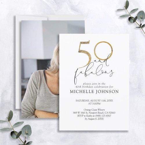 50  Fabulous Black White  Gold Photo Birthday Invitation
