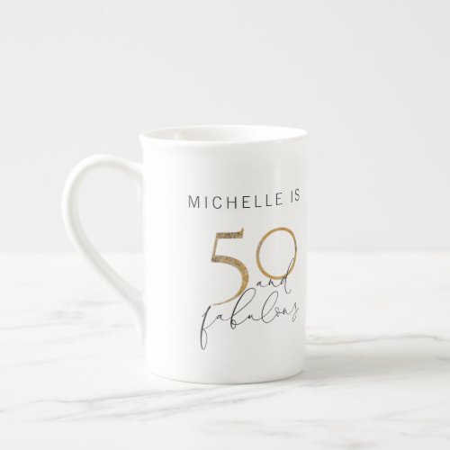 50  Fabulous Black  White Name 50th Birthday Bone China Mug