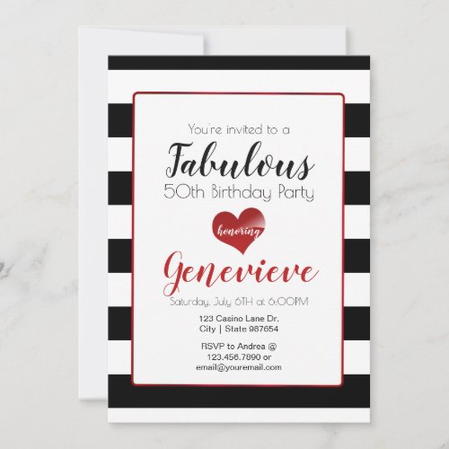 50  Fabulous  Black  White Stripes Birthday Invitation