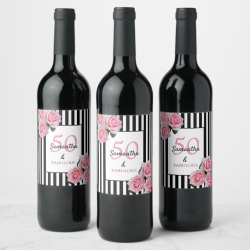50 fabulous black white stripes pink flowers wine label