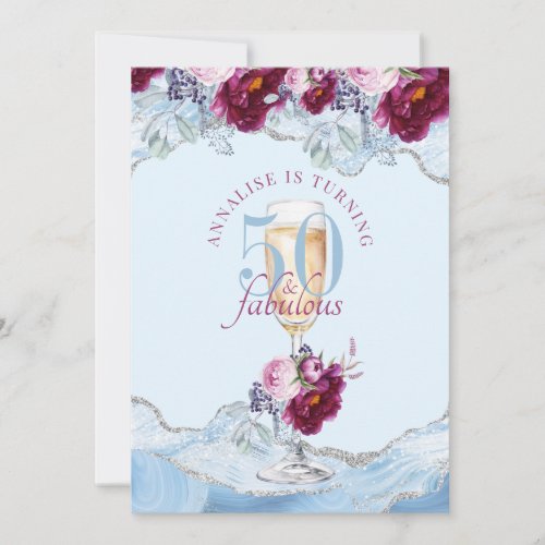 50 Fabulous Blue Agate Floral Birthday Party Invitation