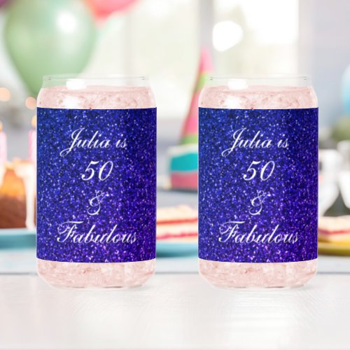 50 Fabulous Blue Glitter Birthday Gift Favor Set Can Glass