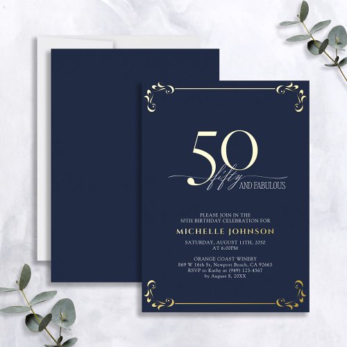 50  Fabulous Blue  Gold Calligraphy Birthday Foil Invitation