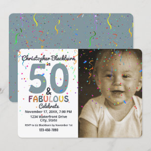 50 & Fabulous Blue Photo Fiftieth Birthday Party Invitation