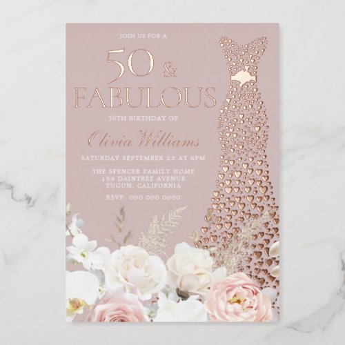 50  Fabulous Blush Floral 50th Birthday Rose Gold Foil Invitation