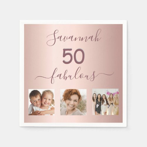 50 fabulous blush rose gold photo birthday party napkins