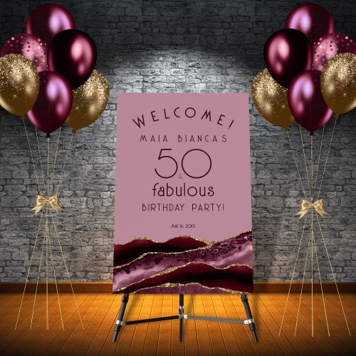 50  Fabulous Burgundy 50th Birthday Welcome Sign