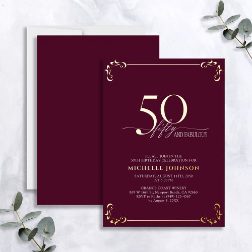 50  Fabulous Burgundy  Gold Calligraphy Birthday Foil Invitation