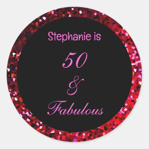 50 Fabulous Burgundy Red Pink Glitter Birthday  Classic Round Sticker